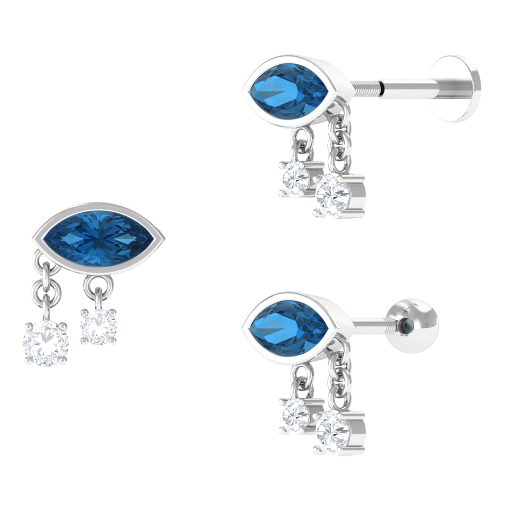Moissanite Helix Drop Earring with London Blue Topaz D-VS1 - Sparkanite Jewels