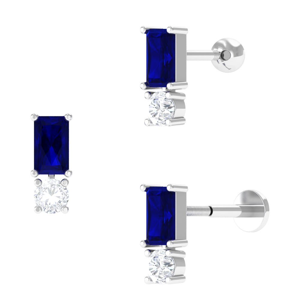 White Moissanite Tragus Earring with Blue Sapphire D-VS1 - Sparkanite Jewels