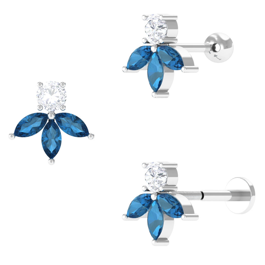 Nature Inspired Moissanite Leaf Earring with London Blue Topaz D-VS1 - Sparkanite Jewels