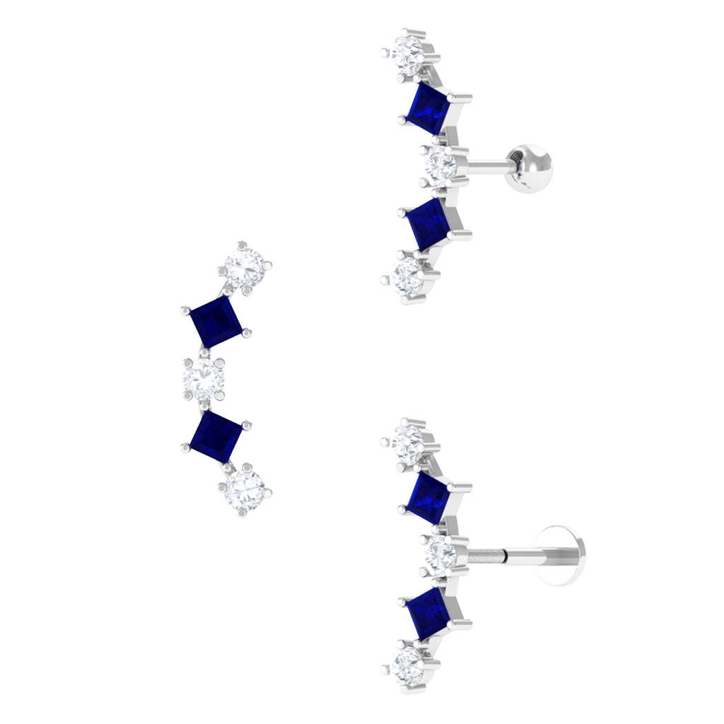 Moissanite Crawler Earrings with Blue Sapphire D-VS1 - Sparkanite Jewels