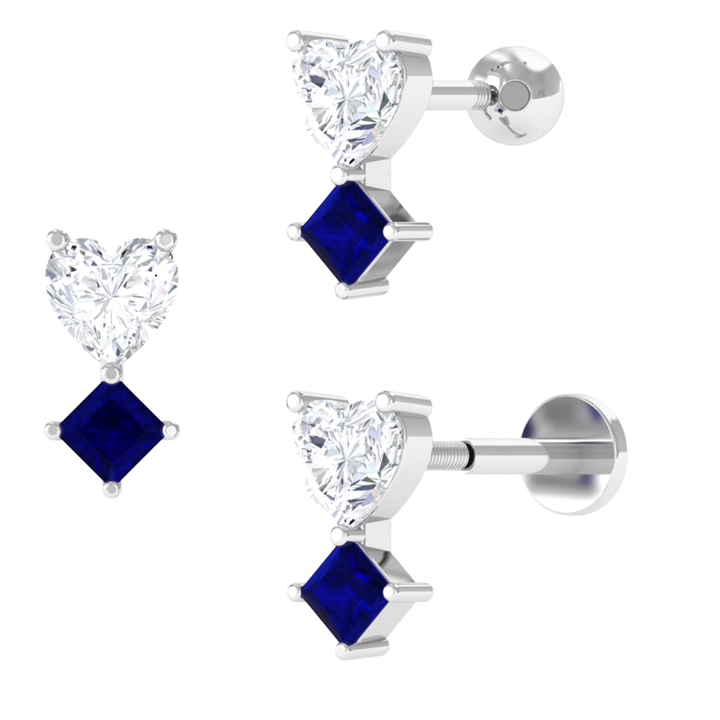 Moissanite Heart Tragus Earring with Blue Sapphire D-VS1 - Sparkanite Jewels