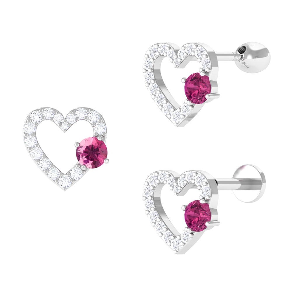 Moissanite Heart Helix Earring with Pink Tourmaline D-VS1 - Sparkanite Jewels