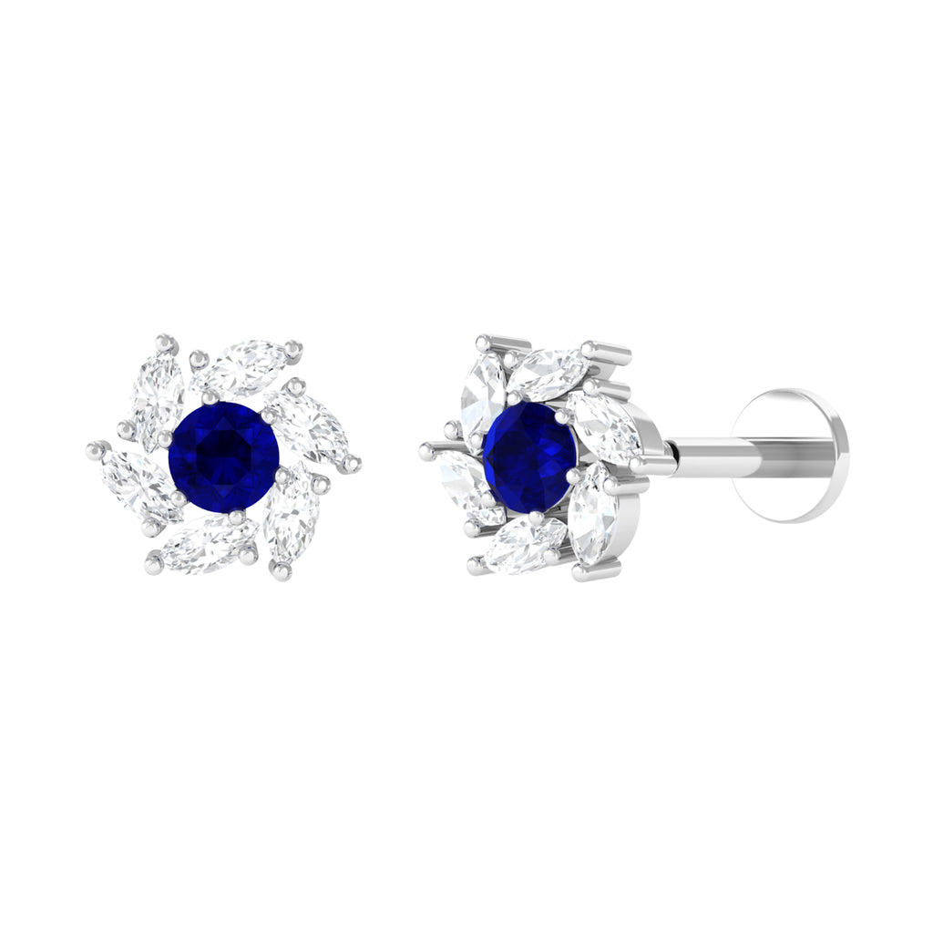 Moissanite Flower Cartilage Earring with Blue Sapphire D-VS1 - Sparkanite Jewels