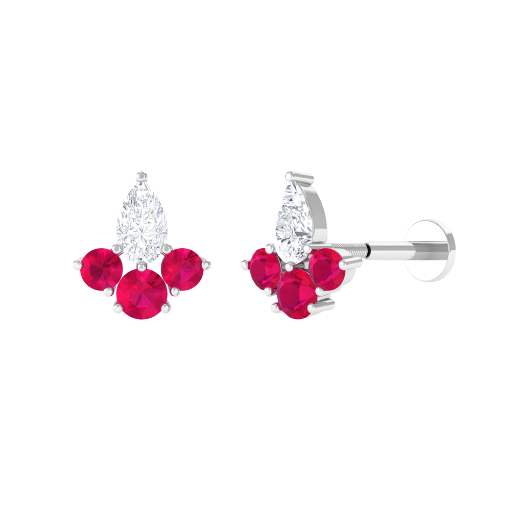 Pear Cut Moissanite Helix Cartilage Earring with Ruby D-VS1 - Sparkanite Jewels