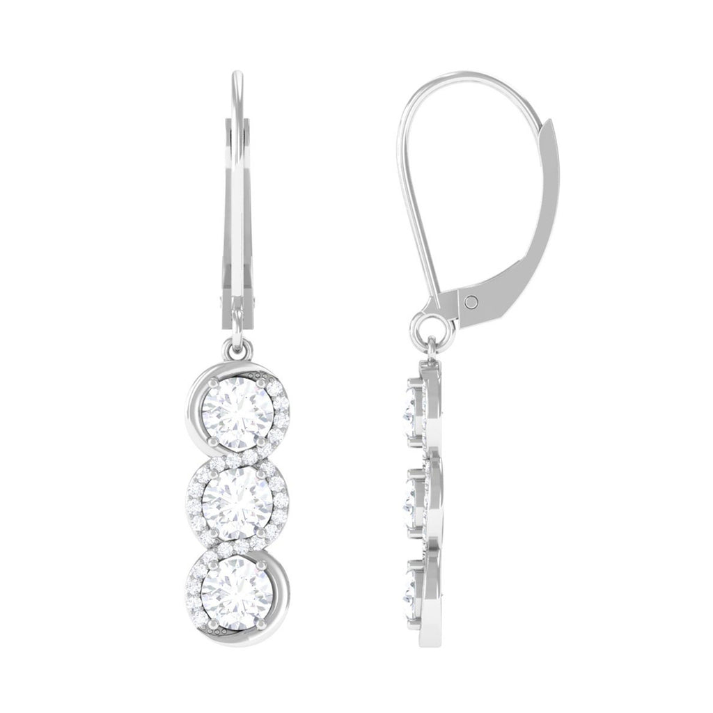 Round Moissanite Three Stone Dangle Silver Earrings with Lever Back - Sparkanite Jewels