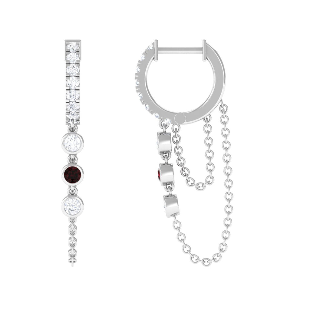 Moissanite Double Chain hoop Earrings with Garnet D-VS1 - Sparkanite Jewels