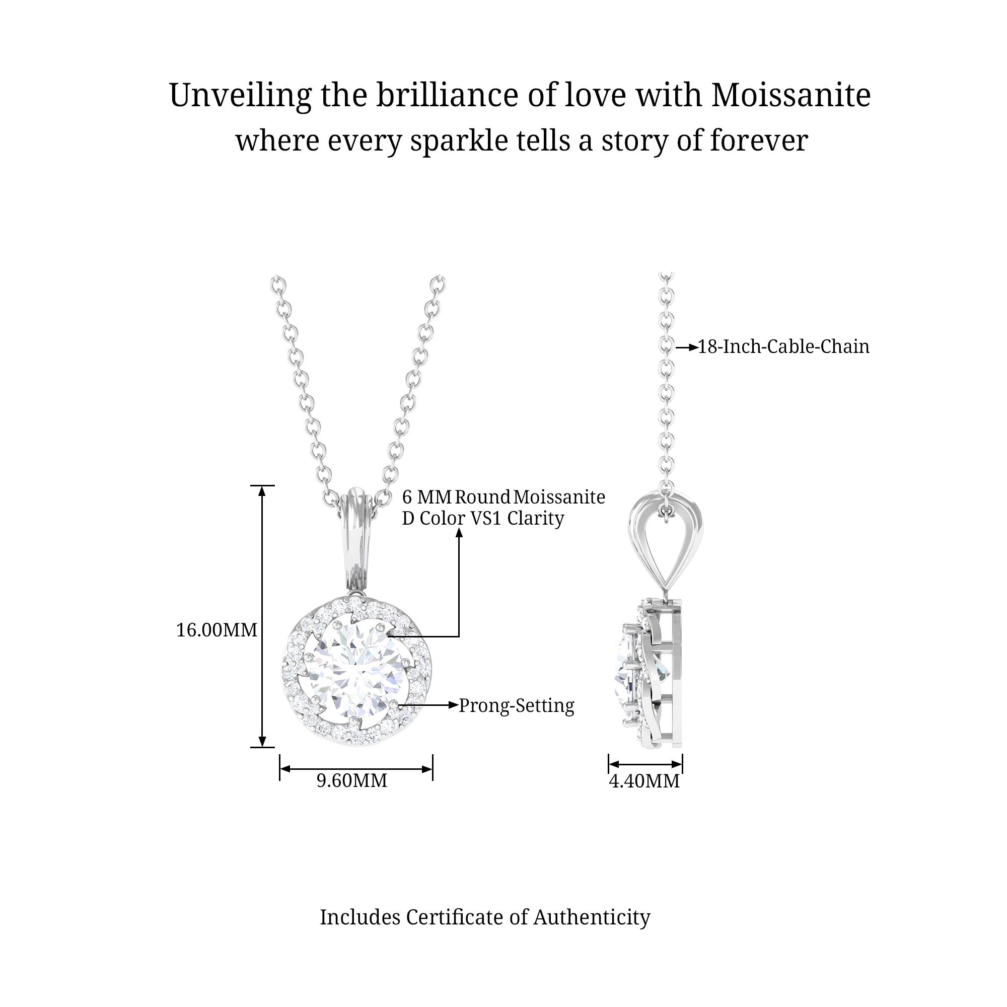 Classic Moissanite Halo Pendant Necklace D-VS1 6 MM - Sparkanite Jewels