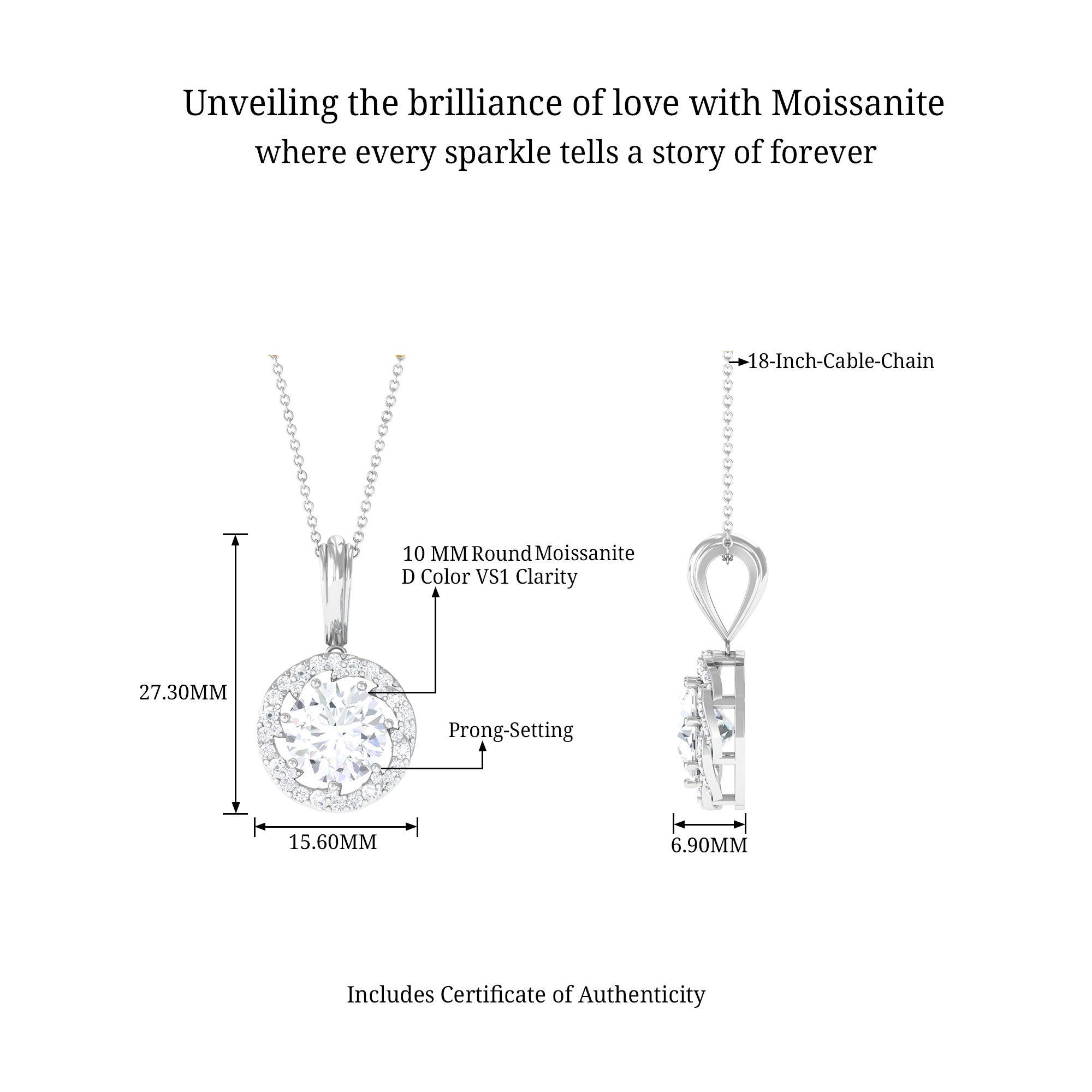Classic Moissanite Halo Pendant Necklace D-VS1 10 MM - Sparkanite Jewels
