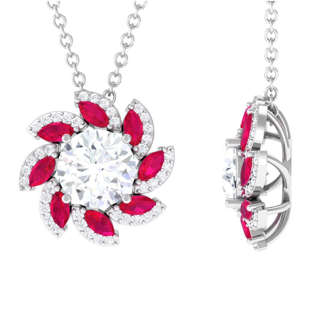 Nature Inspired Moissanite Flower Pendant with Ruby D-VS1 6 MM - Sparkanite Jewels