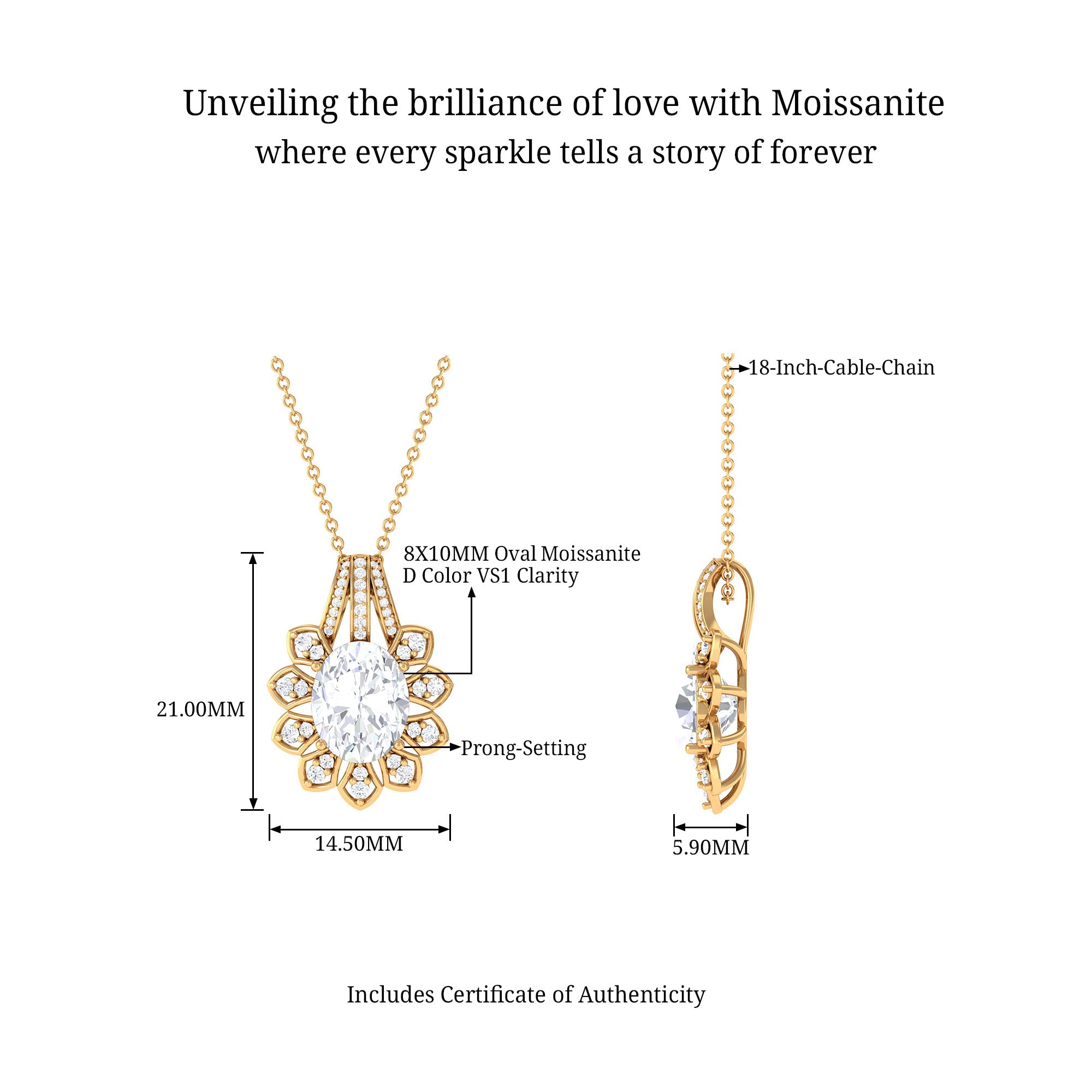 Art Deco Oval Moissanite Pendant Necklace D-VS1 8X10 MM - Sparkanite Jewels