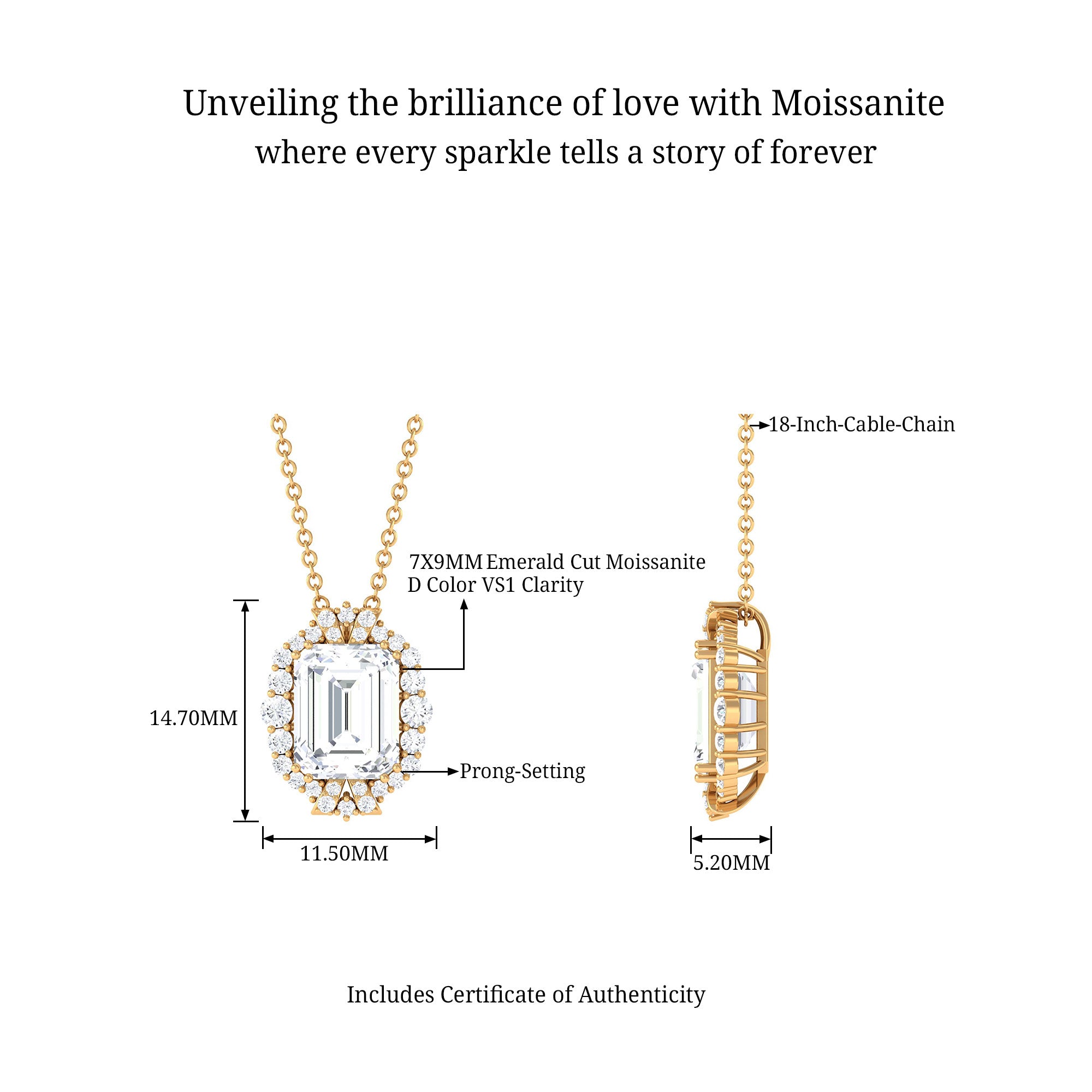 Colorless Emerald Cut Moissanite Statement Halo Pendant Necklace D-VS1 7X9 MM - Sparkanite Jewels