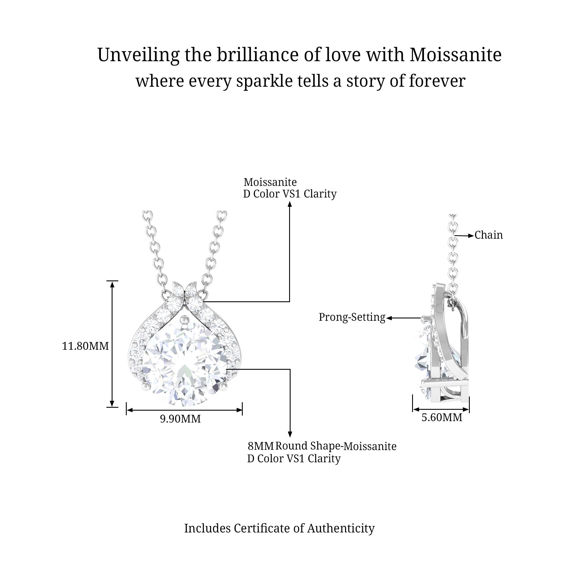 Minimal Moissanite Pendant with Hidden Bail D-VS1 8 MM - Sparkanite Jewels