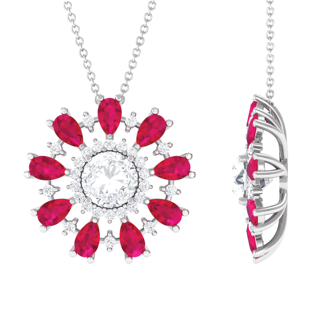 Certified Moissanite Floral Inspired Pendant Necklace with Ruby D-VS1 7 MM - Sparkanite Jewels