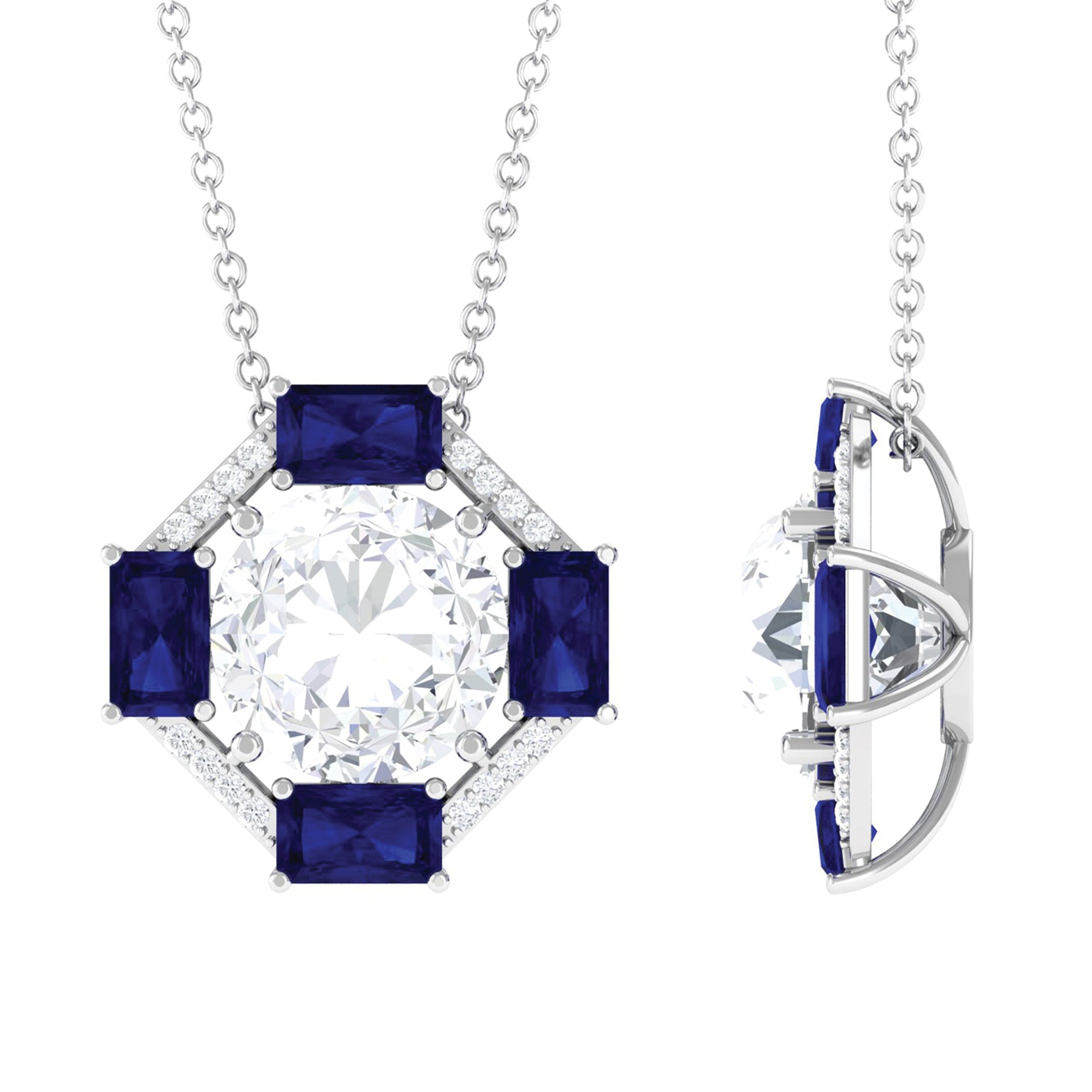 Contemporary Moissanite Pendant Necklace with Blue Sapphire D-VS1 9 MM - Sparkanite Jewels