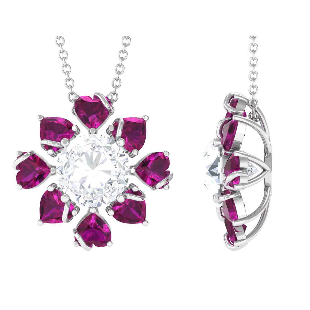 Certified Moissanite Floral Inspired Silver Pendant with Rhodolite Petals - Sparkanite Jewels