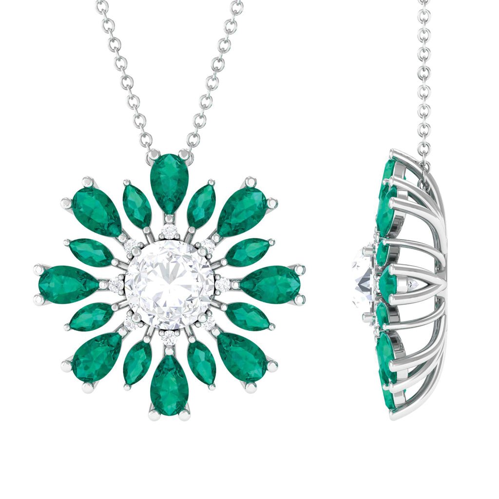 Nature Inspired Moissanite Flower Pendant with Emerald D-VS1 7 MM - Sparkanite Jewels