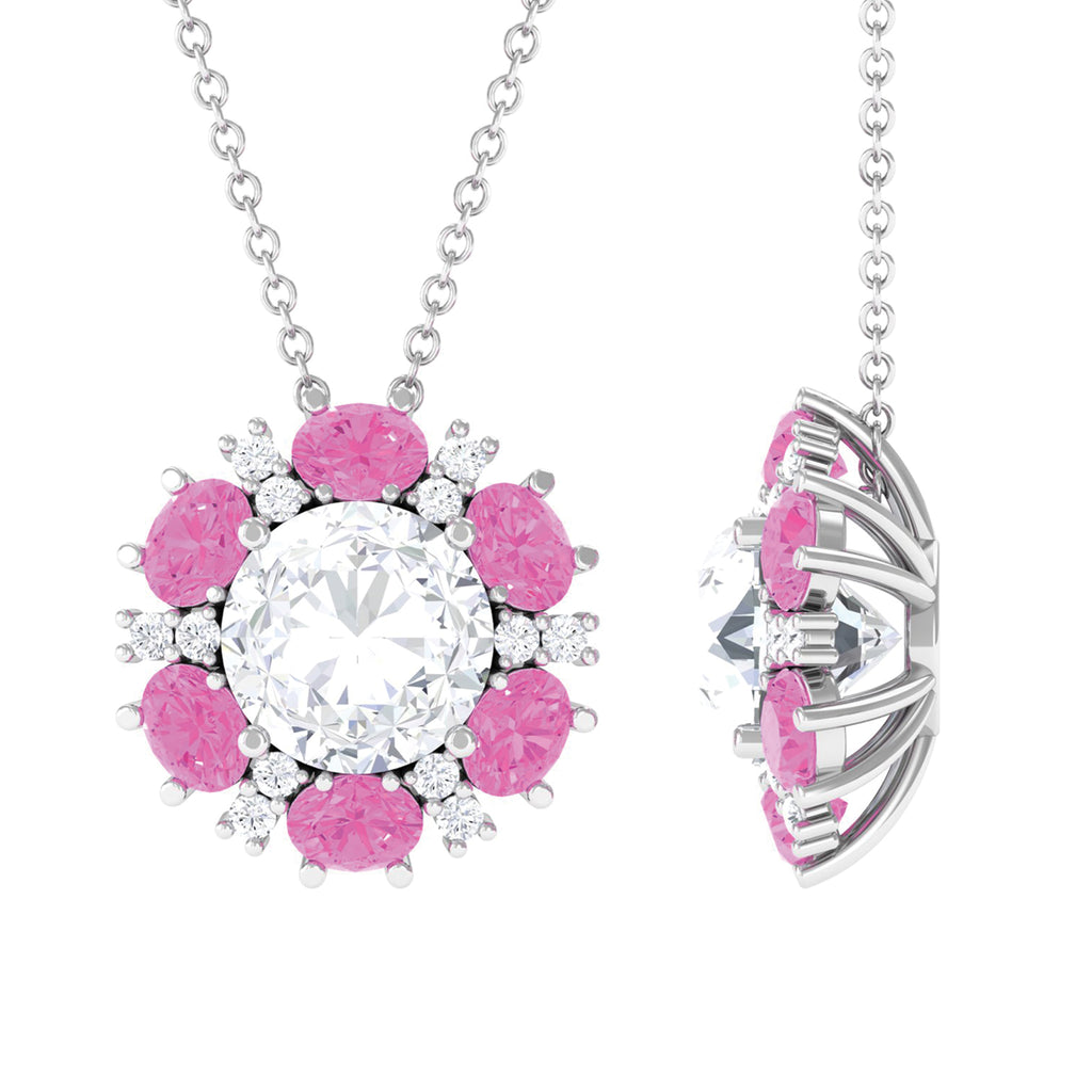 Certified Moissanite Pendant Necklace with Pink Sapphire Halo D-VS1 - Sparkanite Jewels