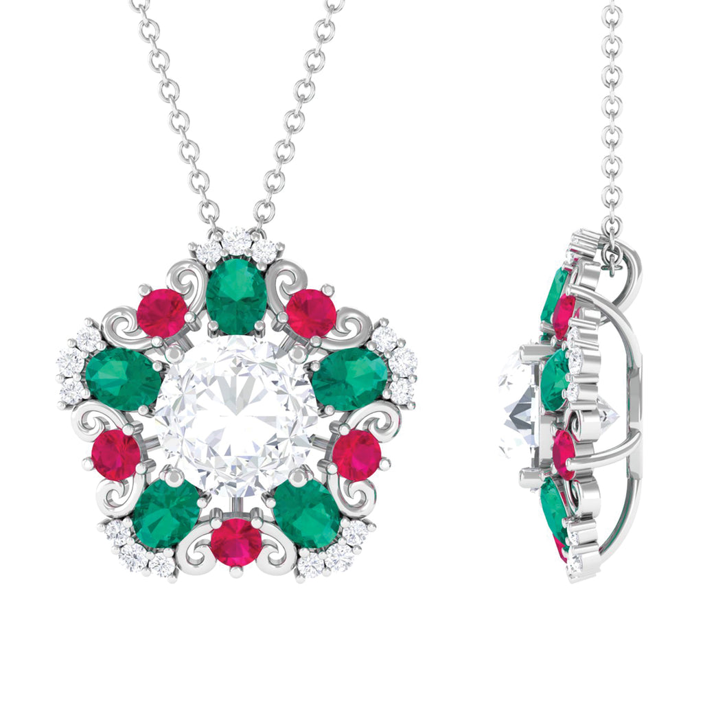Certified Moissanite Floral Inspired Pendant with Emerald and Ruby D-VS1 8 MM - Sparkanite Jewels