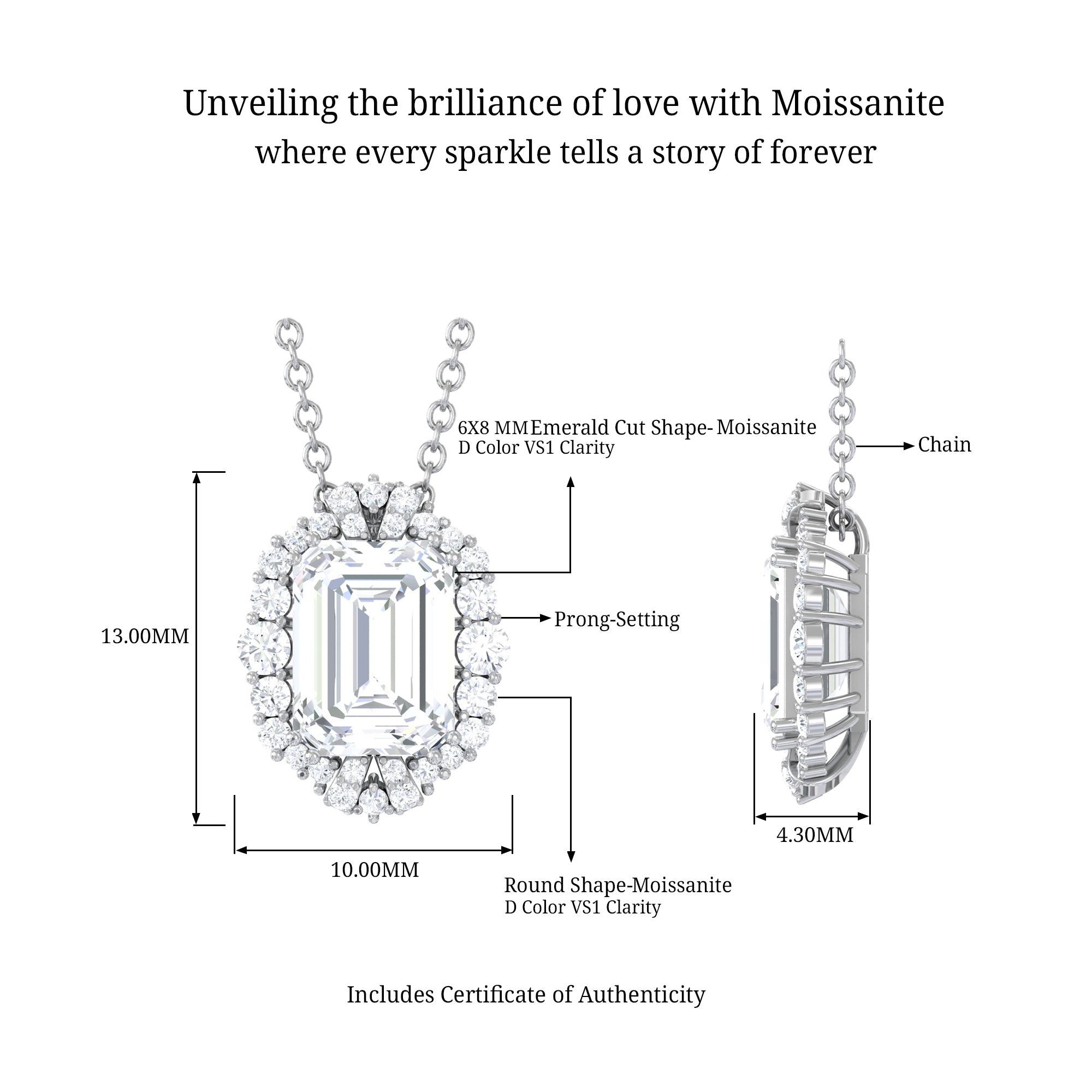 Colorless Emerald Cut Moissanite Statement Halo Pendant Necklace D-VS1 6X8 MM - Sparkanite Jewels