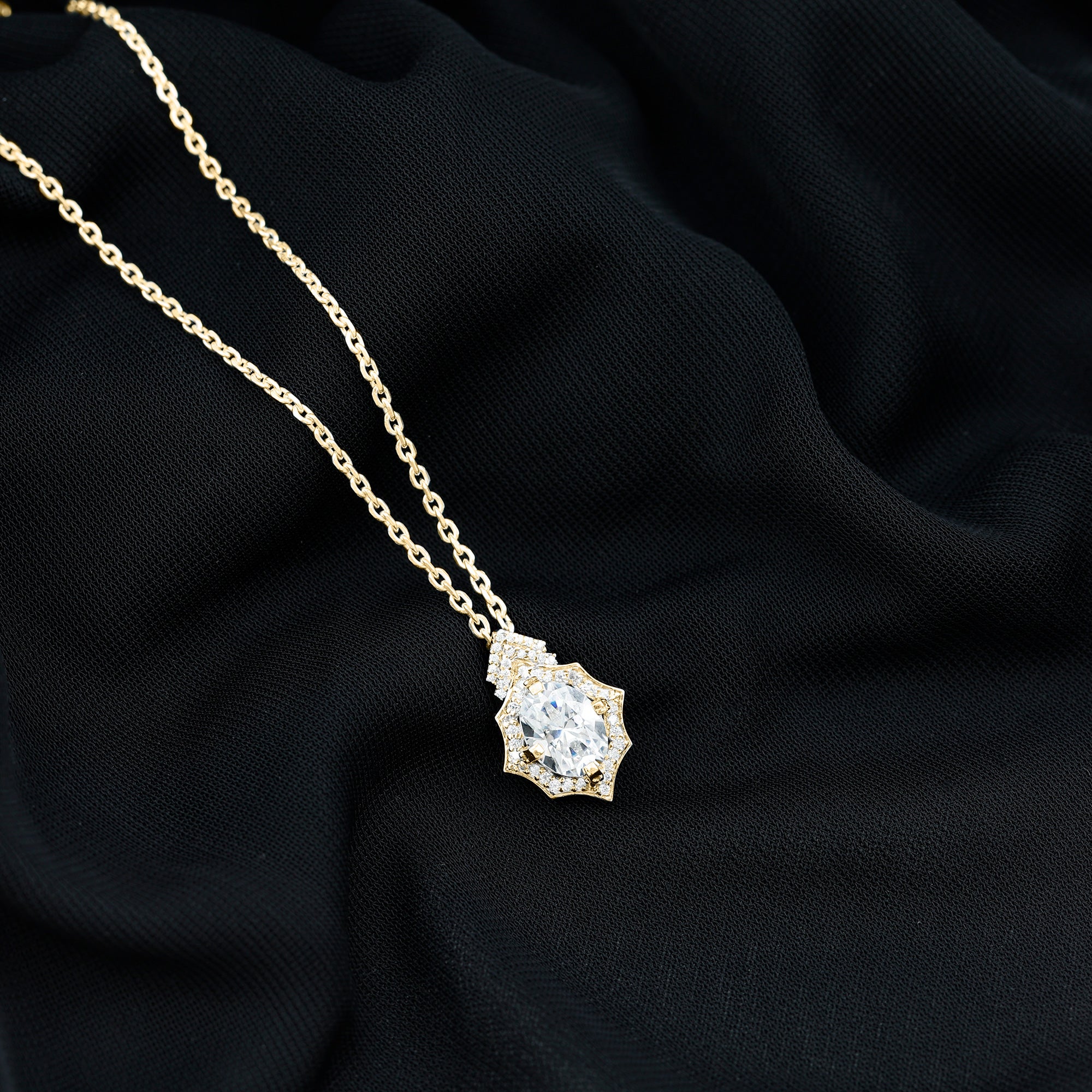Oval Moissanite Designer Halo Wedding Pendant Necklace D-VS1 7X9 MM - Sparkanite Jewels