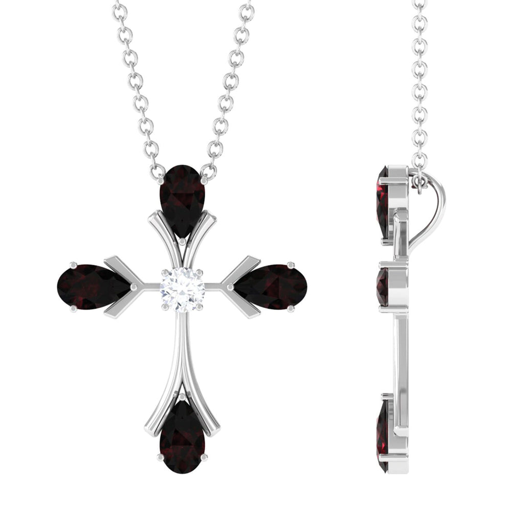 Cross Pendant Necklace with Moissanite and Garnet D-VS1 - Sparkanite Jewels
