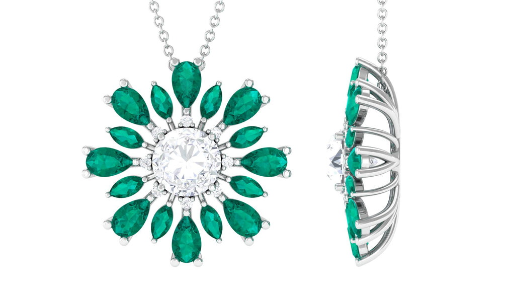 Nature Inspired Moissanite Flower Silver Pendant with Lab Grown Emerald - Sparkanite Jewels