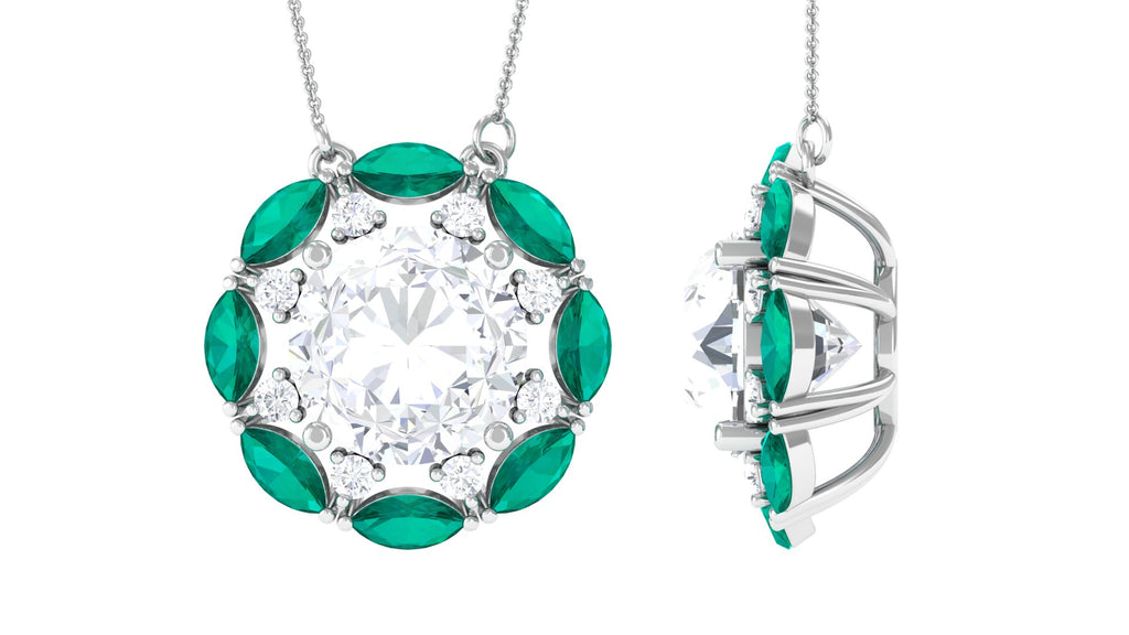 Certified Moissanite Floral Inspired Silver Necklace with Lab Emerald - Sparkanite Jewels