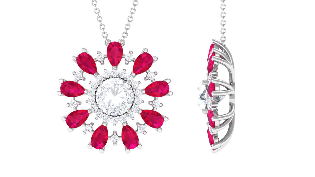 Certified Moissanite Floral Inspired Pendant with Lab Grown Ruby - Sparkanite Jewels