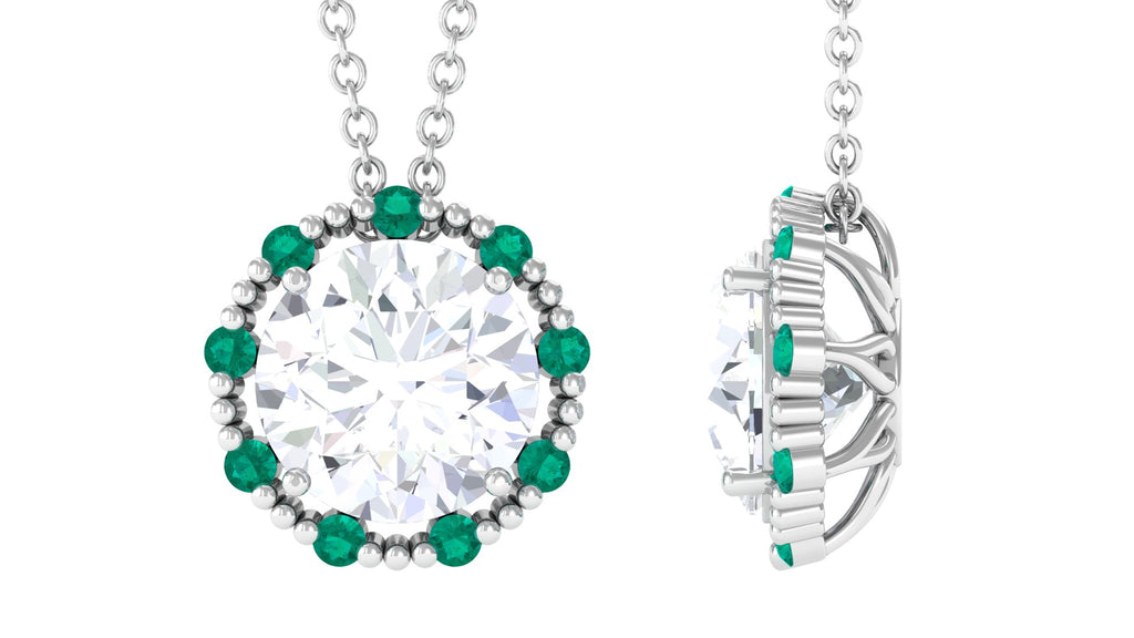 Moissanite Vintage Style Pendant Necklace with Lab Created Emerald D-VS1 92.5 Sterling Silver - Sparkanite Jewels