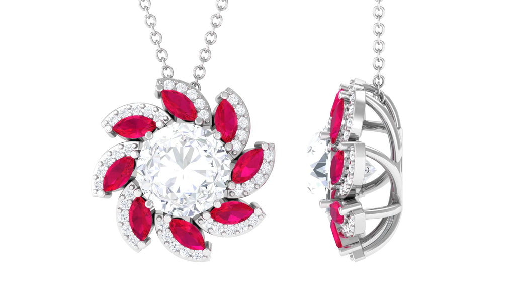 Nature Inspired Moissanite Flower Silver Pendant with Lab Grown Ruby D-VS1 92.5 Sterling Silver - Sparkanite Jewels