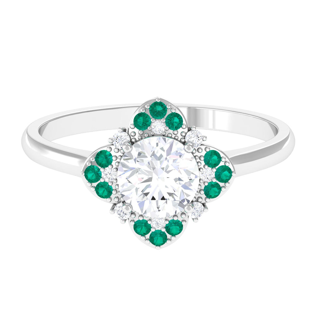 Floral Inspired Moissanite Engagement Ring with Emerald D-VS1 6 MM - Sparkanite Jewels