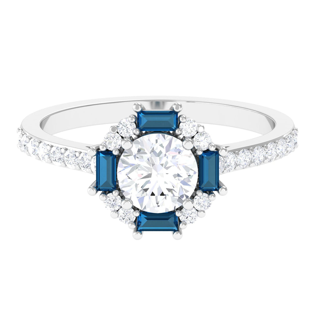 Classic Moissanite Halo Engagement Ring with London Blue Topaz D-VS1 6 MM - Sparkanite Jewels