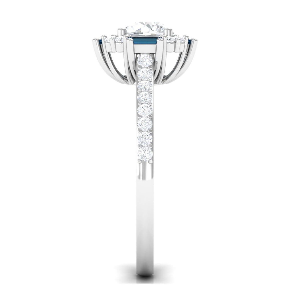 Classic Moissanite Halo Engagement Ring with London Blue Topaz D-VS1 6 MM - Sparkanite Jewels
