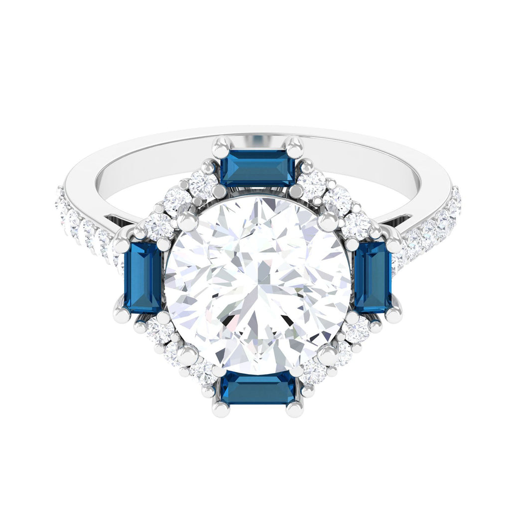 Classic Moissanite Halo Engagement Ring with London Blue Topaz D-VS1 10 MM - Sparkanite Jewels