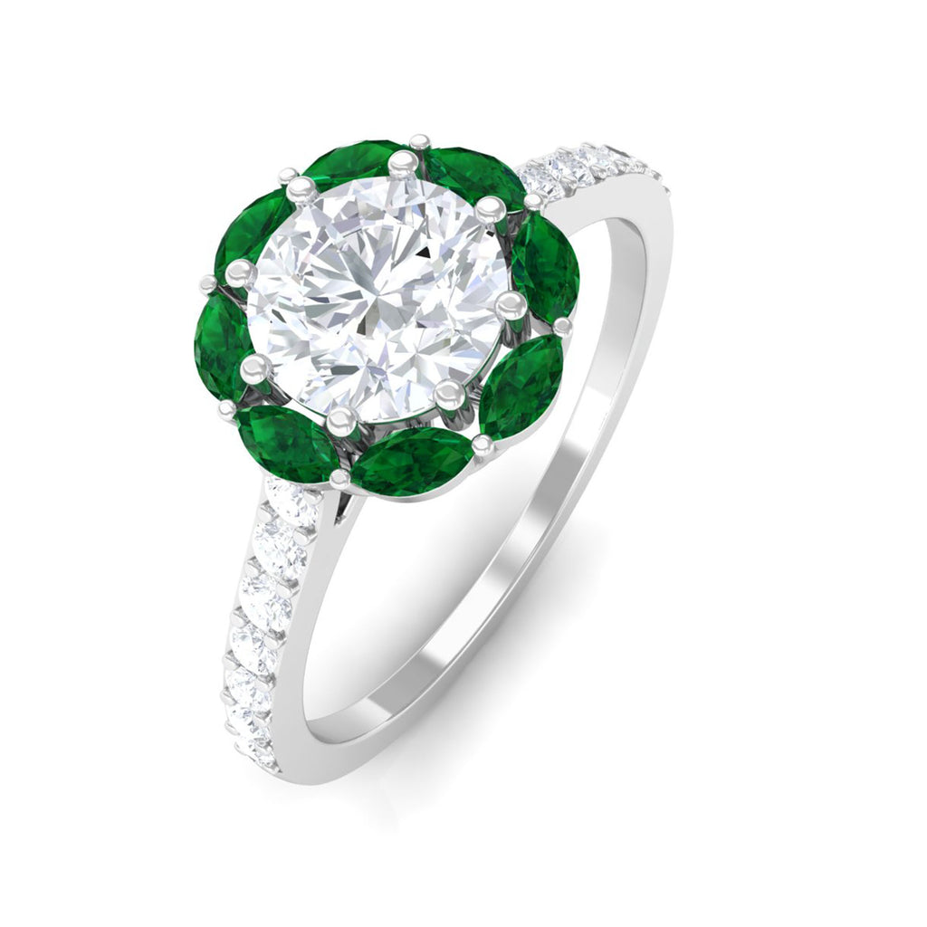 Moissanite Cocktail Engagement Ring with Lab Grown Emerald Halo D-VS1 6 MM - Sparkanite Jewels