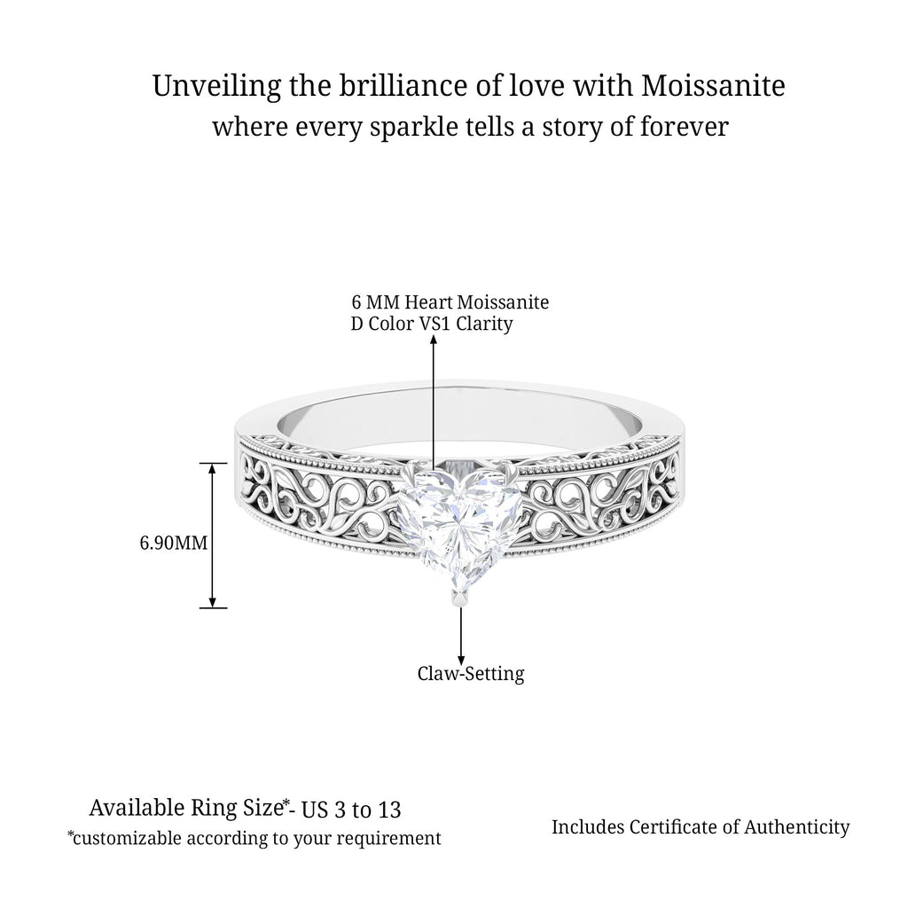 Heart Shape Moissanite Filigree Solitaire Ring D-VS1 6 MM - Sparkanite Jewels