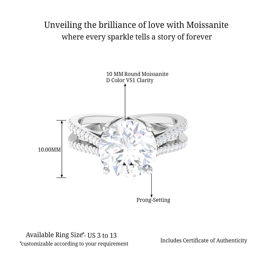 Round Moissanite Solitaire Split Shank Engagement Ring D-VS1 10 MM - Sparkanite Jewels