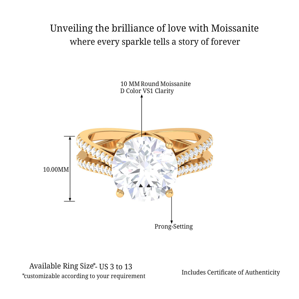 Round Moissanite Solitaire Split Shank Engagement Ring D-VS1 10 MM - Sparkanite Jewels