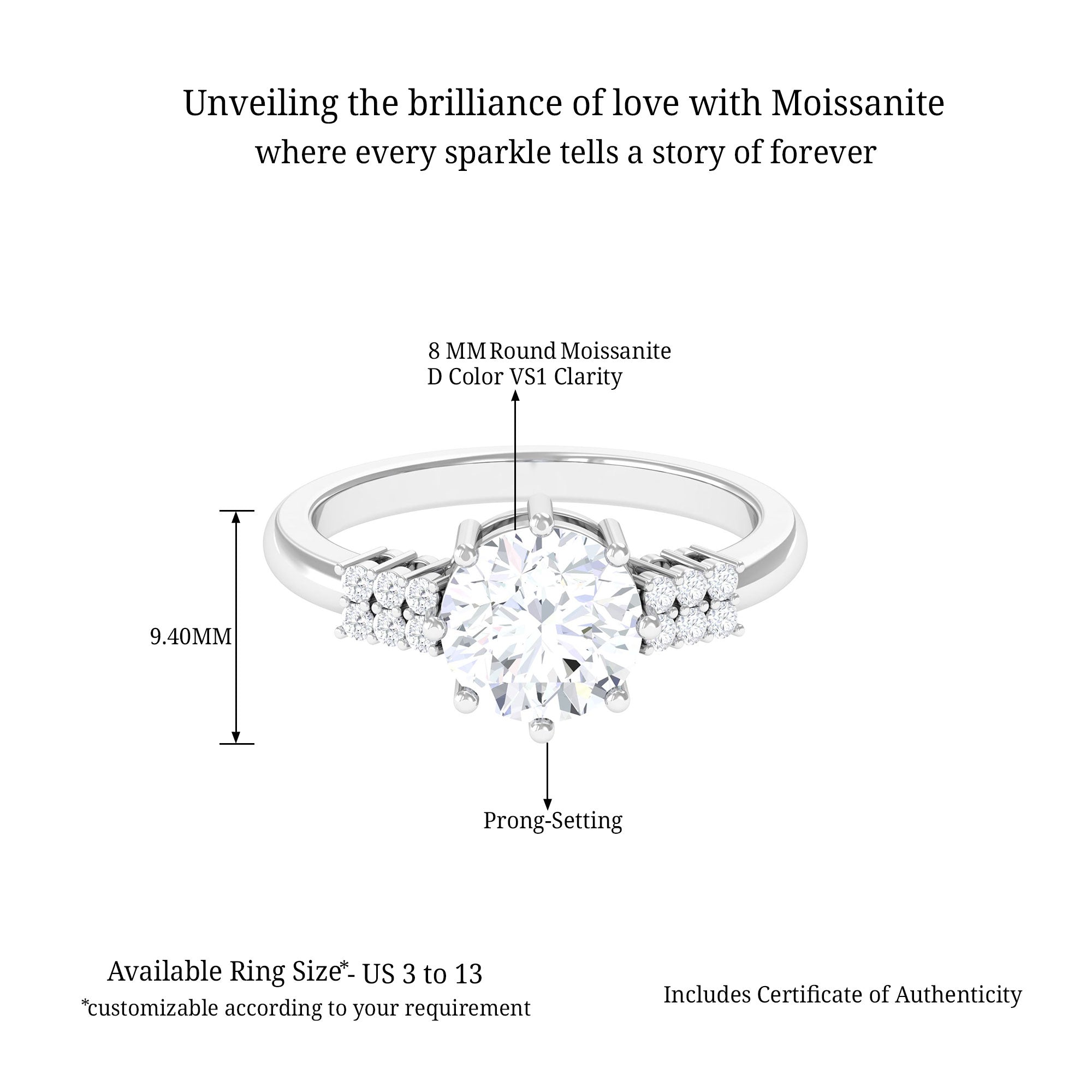Minimal Round Shape Moissanite Solitaire Promise Ring D-VS1 8 MM - Sparkanite Jewels