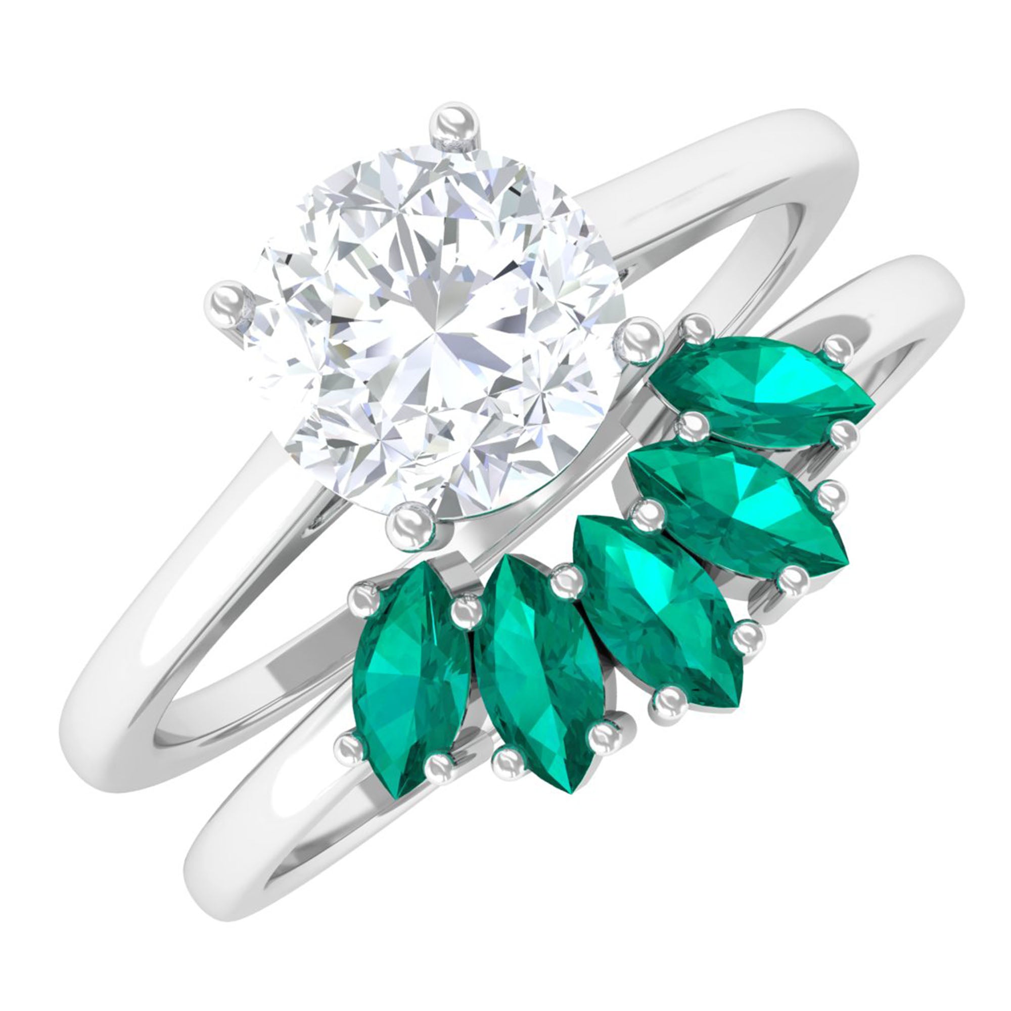 Round Moissanite Solitaire Ring Set with Emerald D-VS1 6 MM - Sparkanite Jewels
