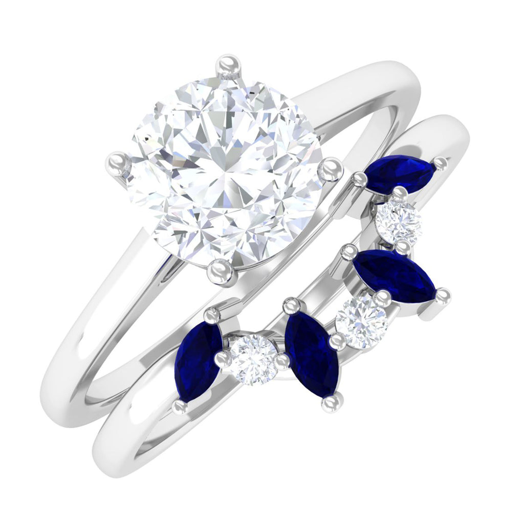 Solitaire Moissanite Bridal Ring Set with Blue Sapphire D-VS1 6 MM - Sparkanite Jewels