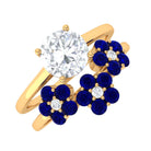 Solitaire Moissanite Ring Set with Blue Sapphire Flower Band D-VS1 6 MM - Sparkanite Jewels