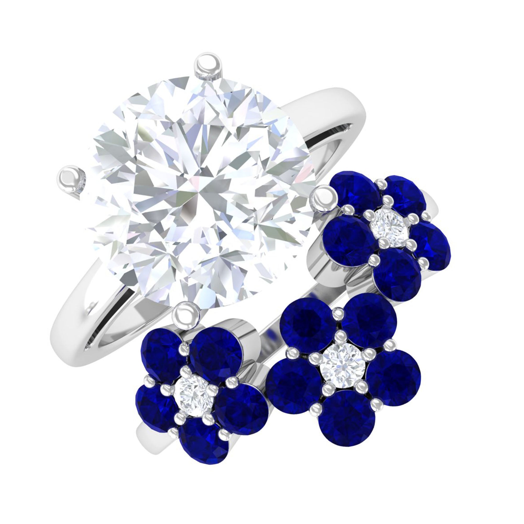 Solitaire Moissanite Ring Set with Blue Sapphire Flower Band D-VS1 10 MM - Sparkanite Jewels