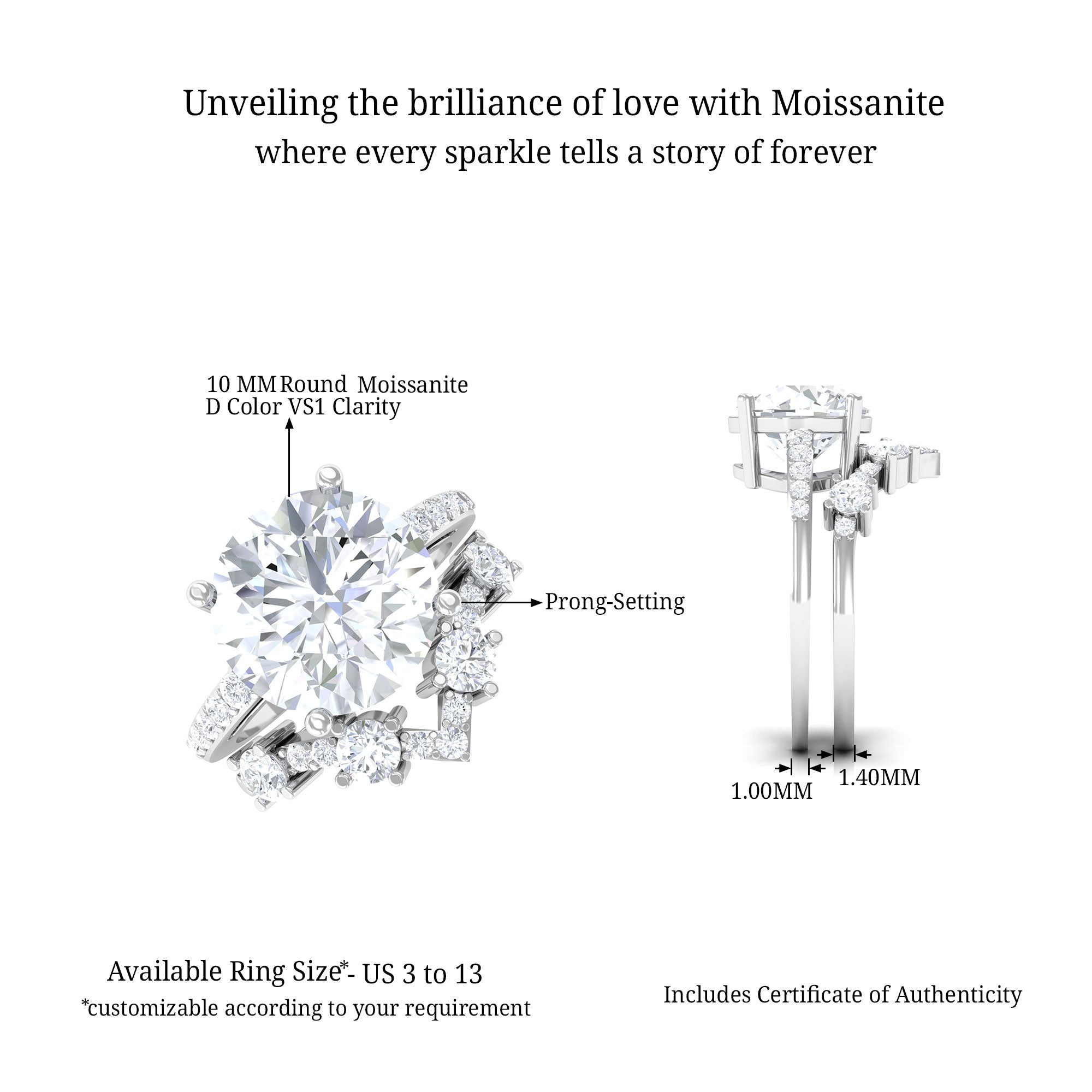 Moissanite Classic Wedding Ring Set D-VS1 10 MM - Sparkanite Jewels