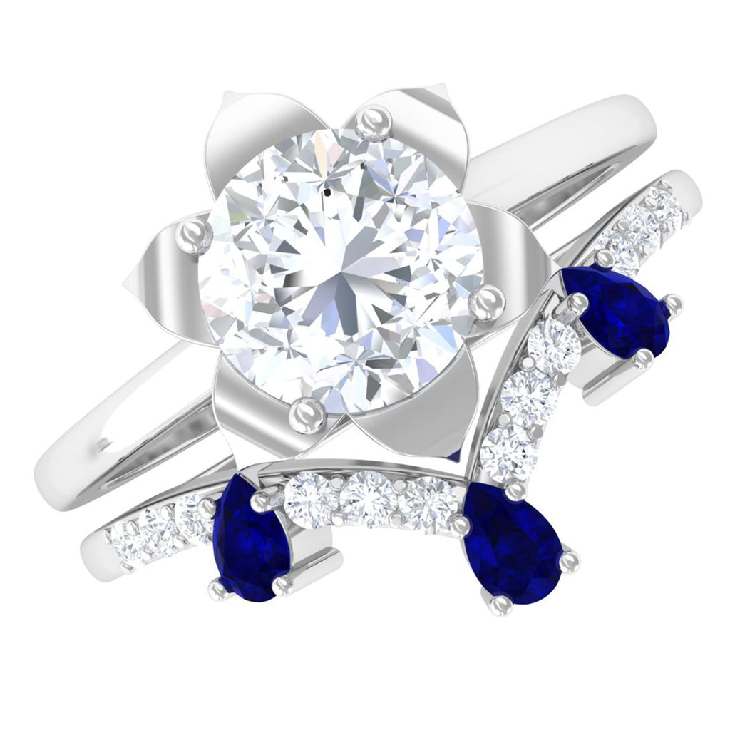 Certified Moissanite Flower Ring Set with Blue Sapphire D-VS1 6 MM - Sparkanite Jewels