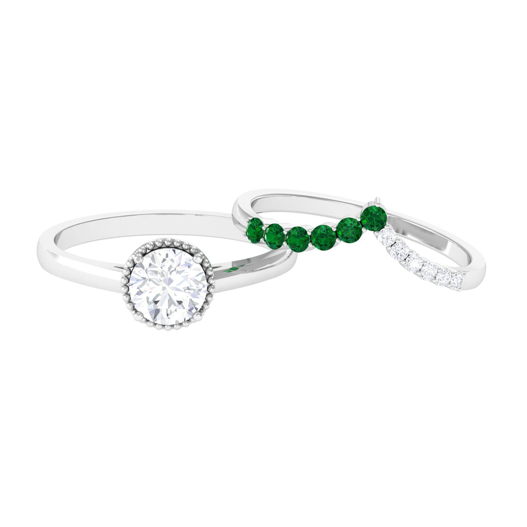 Classic Round Moissanite Bridal Ring Set with Created Emerald D-VS1 6 MM - Sparkanite Jewels