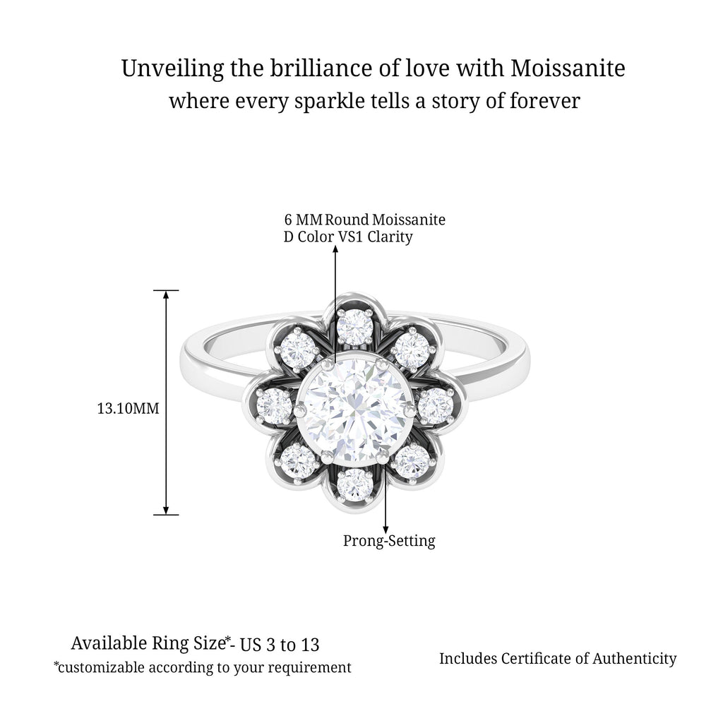 Certified Moissanite Floral Promise Ring D-VS1 6 MM - Sparkanite Jewels