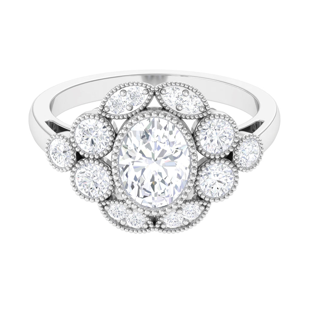 Moissanite Statement Engagement Ring with Beaded Detailing D-VS1 6X8 MM - Sparkanite Jewels