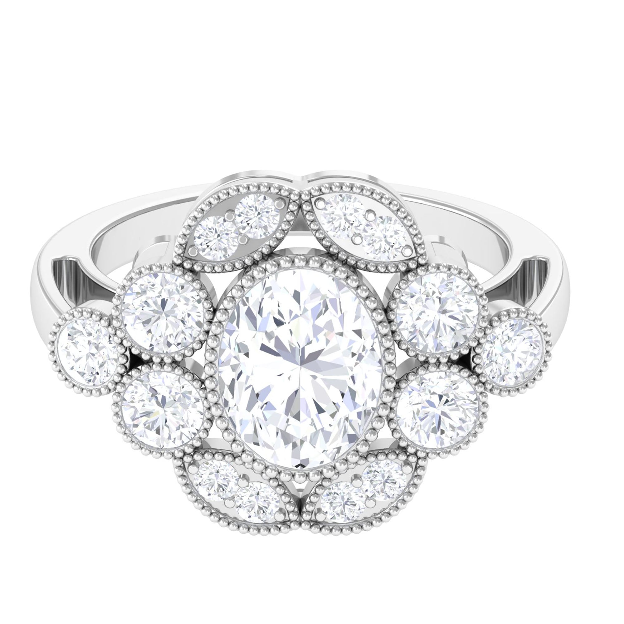 Moissanite Statement Engagement Ring with Beaded Detailing D-VS1 7X9 MM - Sparkanite Jewels