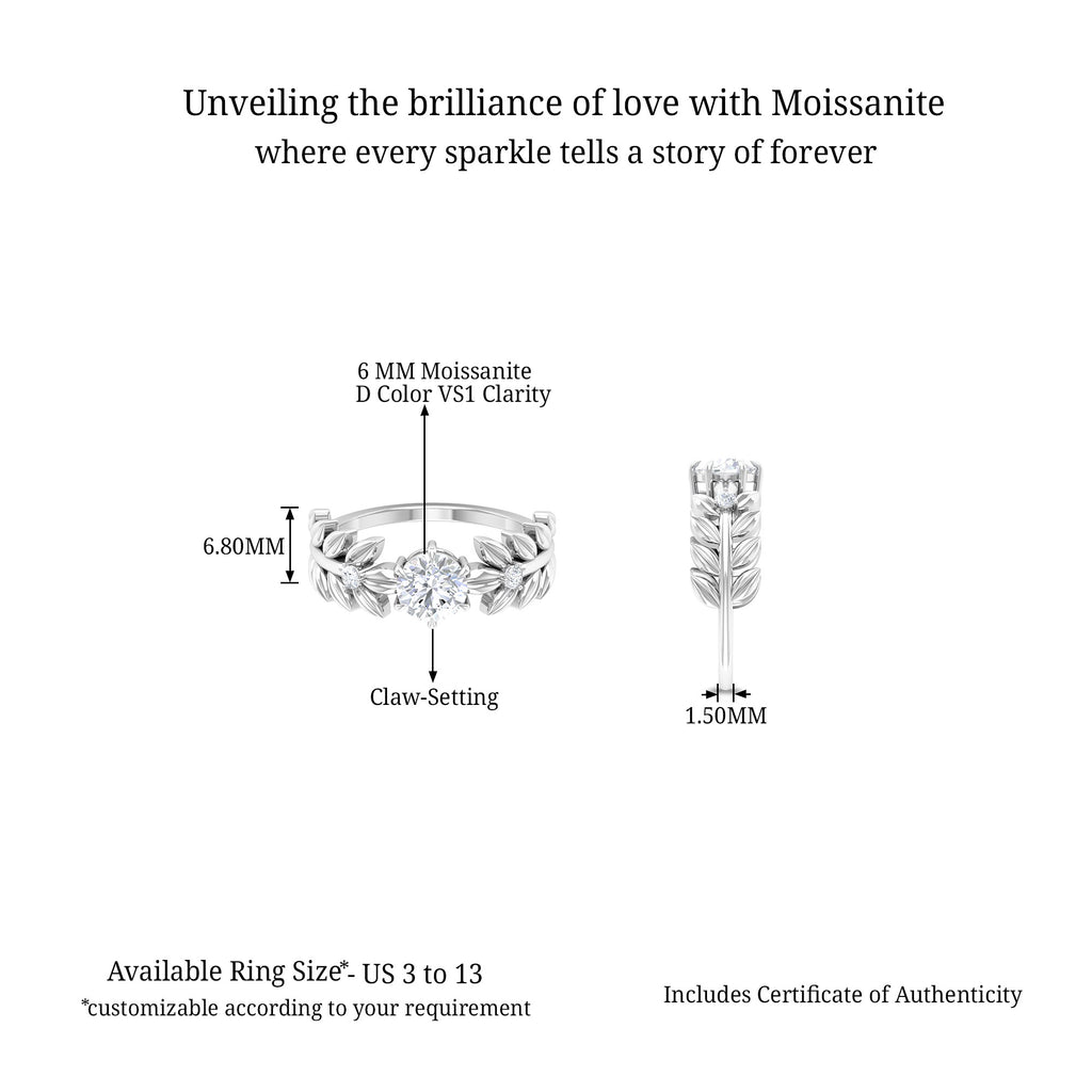 Nature Inspired Moissanite Solitaire Engagement Ring D-VS1 6 MM - Sparkanite Jewels